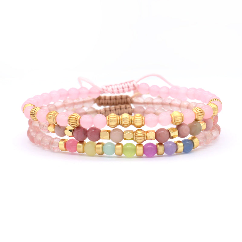 OEM Custom Bohemian Gold Plated Bead Handmade Woven Macrame 4mm Colorful Jade Watermelon Rhodochrosite Natural Stone Bracelet
