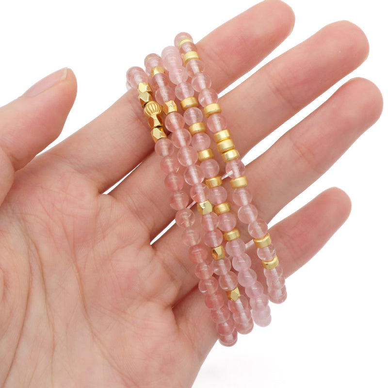 OEM Custom Gold Plated Beads Handmade Ajustable Woven Macrame Bohemian Healing Energy 4mm Natural Stone Pink Quartz Bracelet