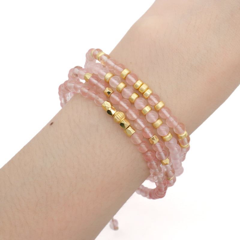 OEM Custom Gold Plated Beads Handmade Ajustable Woven Macrame Bohemian Healing Energy 4mm Natural Stone Pink Quartz Bracelet