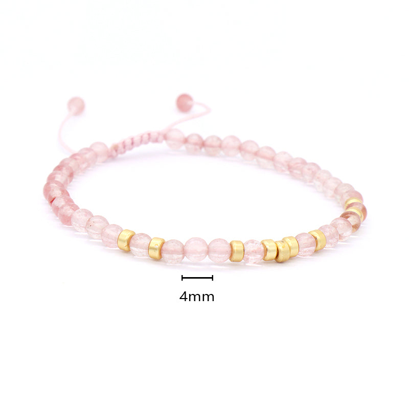 OEM Custom Gold Plated Beads Handmade Ajustable Woven Macrame Bohemian Healing Energy 4mm Natural Stone Pink Quartz Bracelet