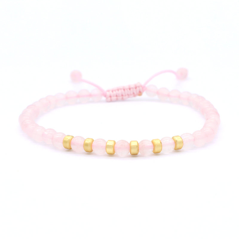 OEM Custom Gold Plated Beads Handmade Ajustable Woven Macrame Bohemian Healing Energy 4mm Natural Stone Pink Quartz Bracelet