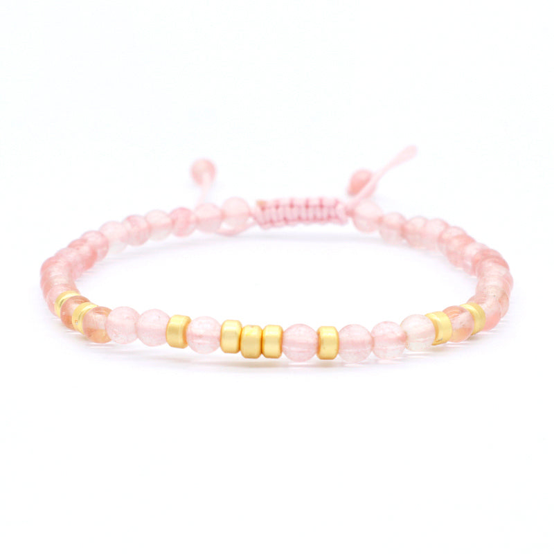 OEM Custom Gold Plated Beads Handmade Ajustable Woven Macrame Bohemian Healing Energy 4mm Natural Stone Pink Quartz Bracelet
