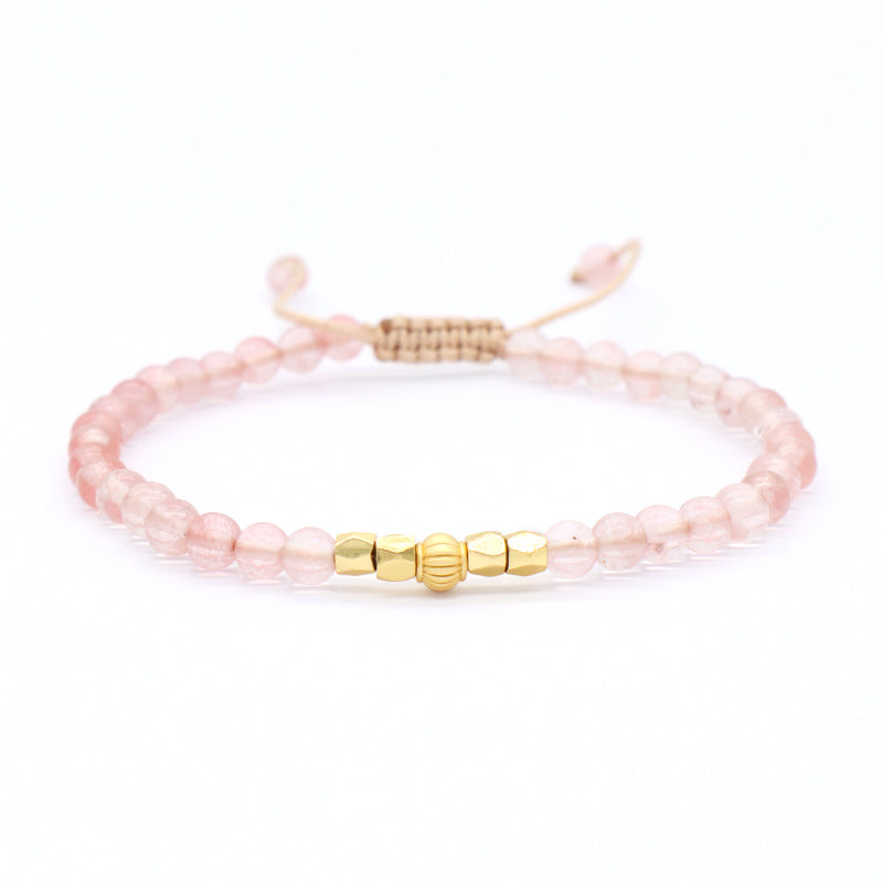 OEM Custom Gold Plated Beads Handmade Ajustable Woven Macrame Bohemian Healing Energy 4mm Natural Stone Pink Quartz Bracelet