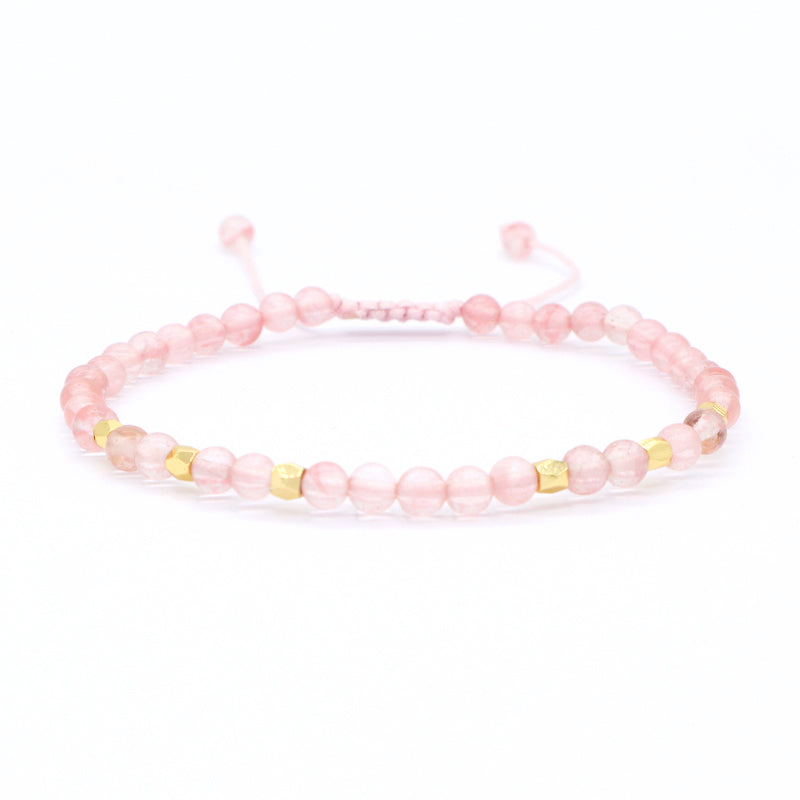 OEM Custom Gold Plated Beads Handmade Ajustable Woven Macrame Bohemian Healing Energy 4mm Natural Stone Pink Quartz Bracelet