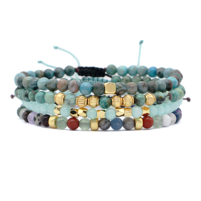 Ajustable OEM Custom Handmade Woven Bohemian Healing Energy 4mm Gold Plated Beads Natural Stone Macrame Bracelet For Men Women
