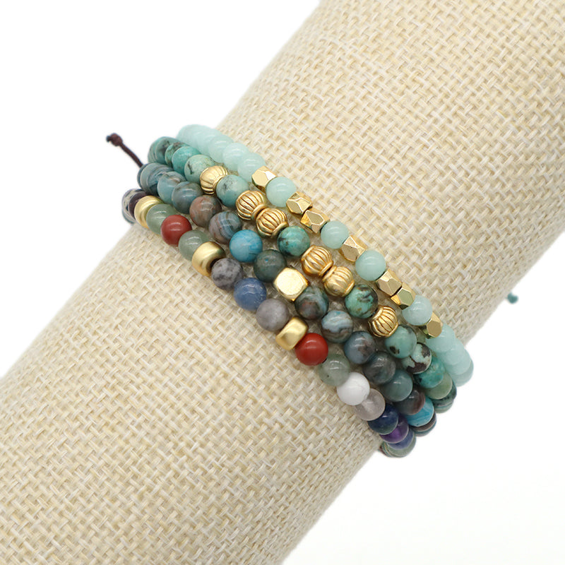 Ajustable OEM Custom Handmade Woven Bohemian Healing Energy 4mm Gold Plated Beads Natural Stone Macrame Bracelet For Men Women