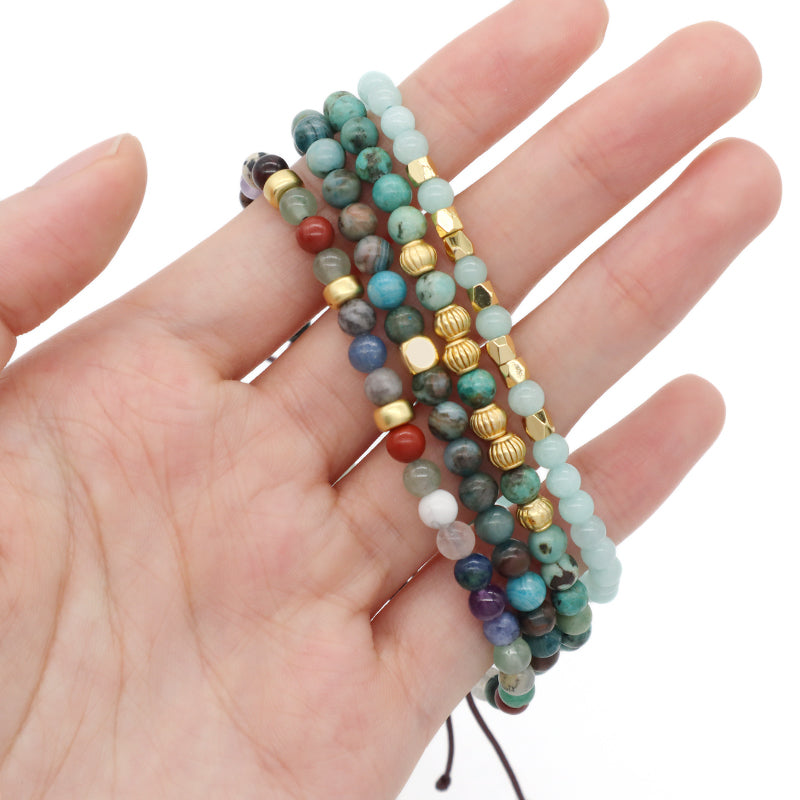 Ajustable OEM Custom Handmade Woven Bohemian Healing Energy 4mm Gold Plated Beads Natural Stone Macrame Bracelet For Men Women