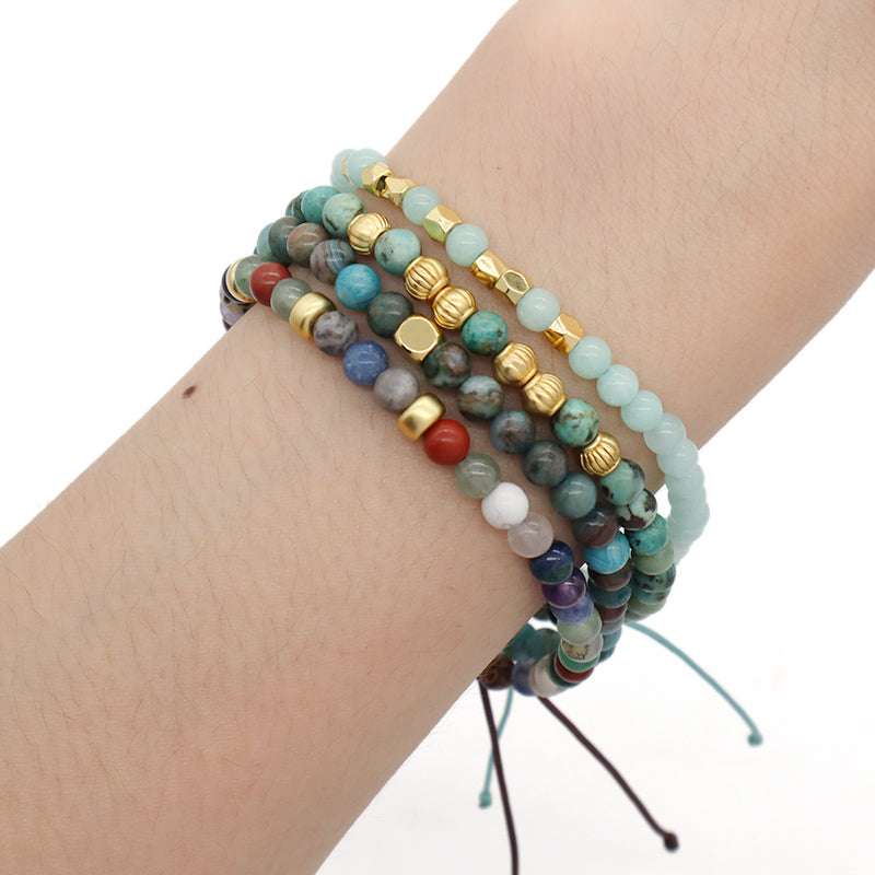 Ajustable OEM Custom Handmade Woven Bohemian Healing Energy 4mm Gold Plated Beads Natural Stone Macrame Bracelet For Men Women