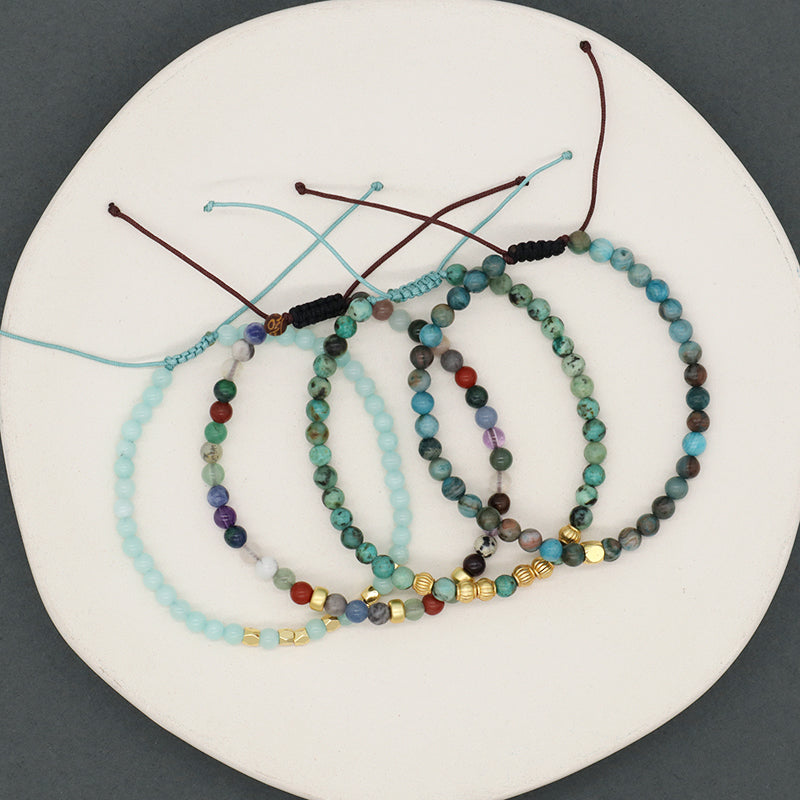 Ajustable OEM Custom Handmade Woven Bohemian Healing Energy 4mm Gold Plated Beads Natural Stone Macrame Bracelet For Men Women
