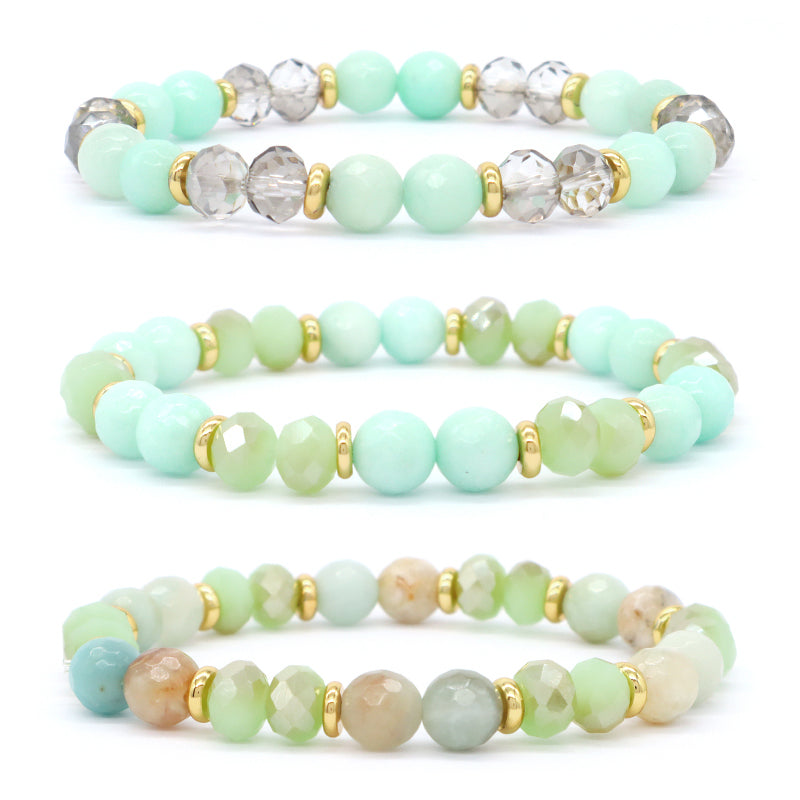 OEM Custom Women Handmade Natural Stone Jewelry 8mm Healing Energy Glass Crystal Stretch Faceted Blue Jade Amazonite Bracelet