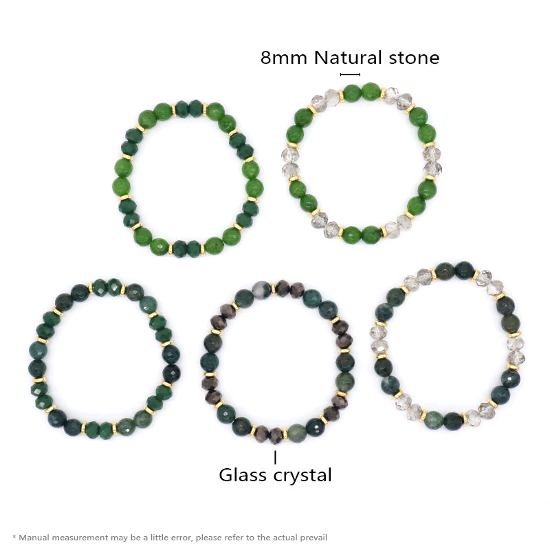 8mm Energy Healing Glass Crystal Custom OEM Handmade Beads Jewelry Natural Stone Stretch Faceted Green Jade Moss Agate Bracelet