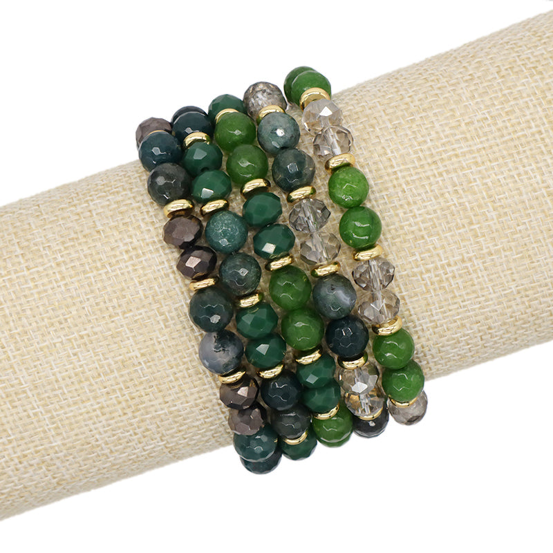 8mm Energy Healing Glass Crystal Custom OEM Handmade Beads Jewelry Natural Stone Stretch Faceted Green Jade Moss Agate Bracelet