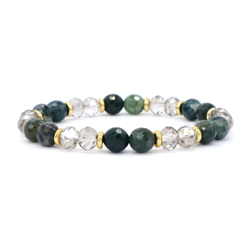 8mm Energy Healing Glass Crystal Custom OEM Handmade Beads Jewelry Natural Stone Stretch Faceted Green Jade Moss Agate Bracelet