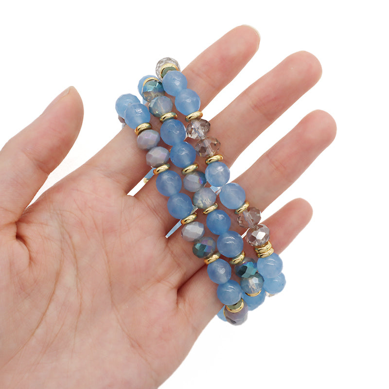Custom OEM Women Handmade Jewelry Gold Plated Beads 8mm Energy Glass Crystal Stretch Faceted Blue Jade Natural Stone Bracelet