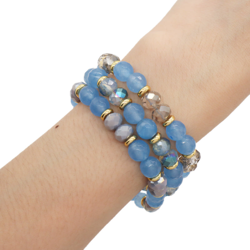 Custom OEM Women Handmade Jewelry Gold Plated Beads 8mm Energy Glass Crystal Stretch Faceted Blue Jade Natural Stone Bracelet
