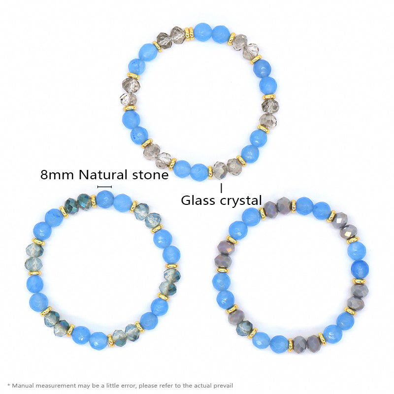Custom OEM Women Handmade Jewelry Gold Plated Beads 8mm Energy Glass Crystal Stretch Faceted Blue Jade Natural Stone Bracelet