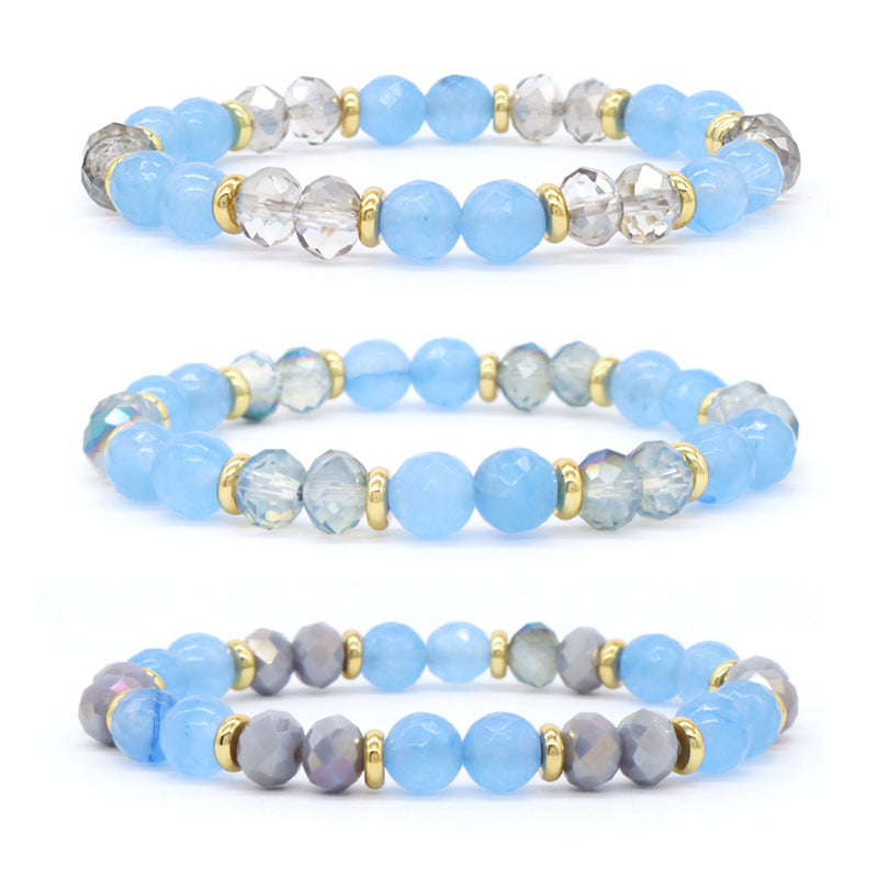 Custom OEM Women Handmade Jewelry Gold Plated Beads 8mm Energy Glass Crystal Stretch Faceted Blue Jade Natural Stone Bracelet