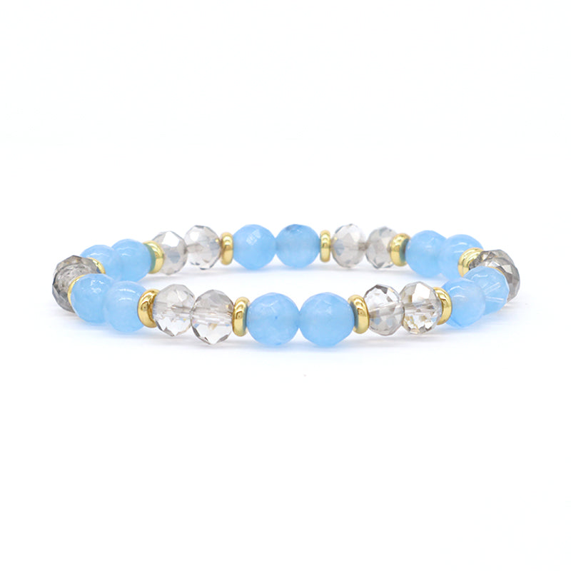 Custom OEM Women Handmade Jewelry Gold Plated Beads 8mm Energy Glass Crystal Stretch Faceted Blue Jade Natural Stone Bracelet