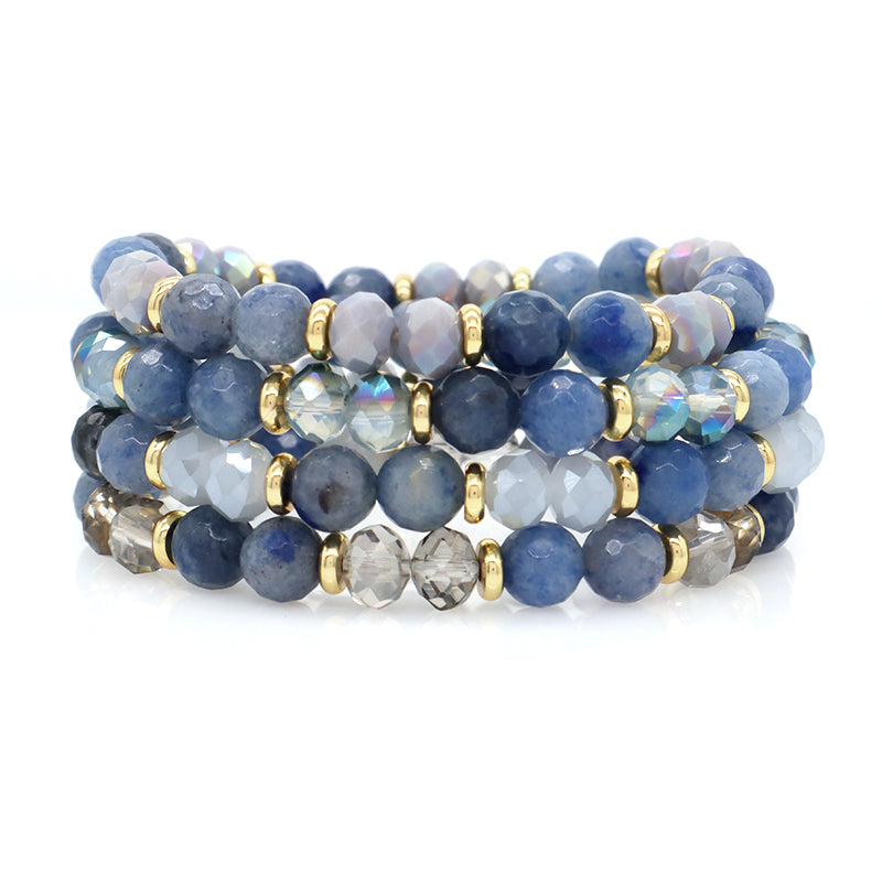 OEM Handmade Custom 8mm Glass Crystal Gold Plated Brass Beads Natural Stone Jewelry Stretch Faceted Blue Aventurine Bracelet