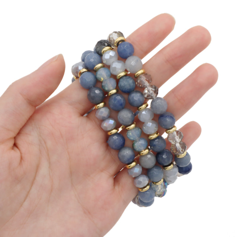 OEM Handmade Custom 8mm Glass Crystal Gold Plated Brass Beads Natural Stone Jewelry Stretch Faceted Blue Aventurine Bracelet