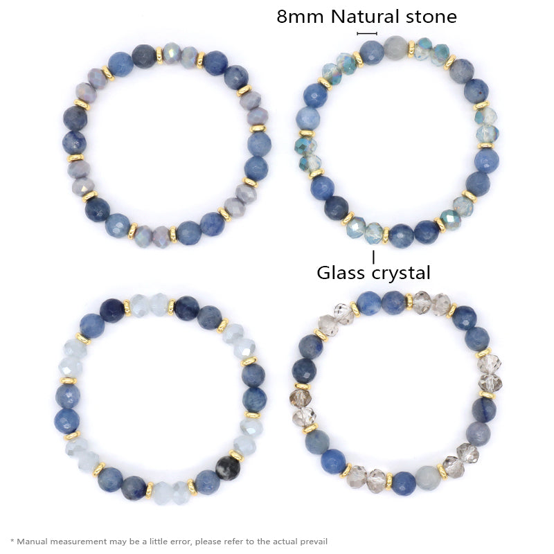 OEM Handmade Custom 8mm Glass Crystal Gold Plated Brass Beads Natural Stone Jewelry Stretch Faceted Blue Aventurine Bracelet