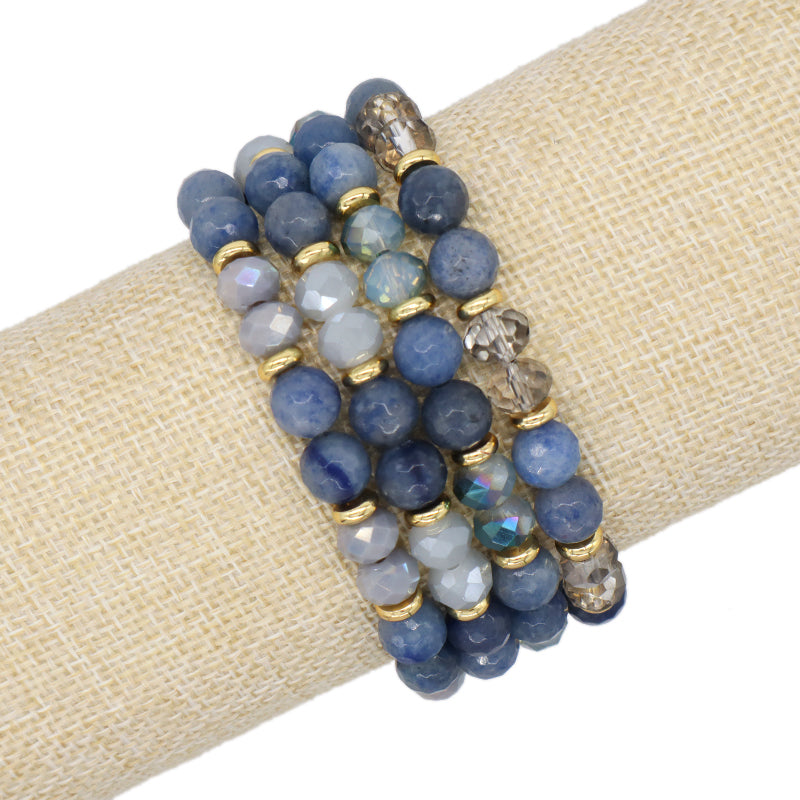 OEM Handmade Custom 8mm Glass Crystal Gold Plated Brass Beads Natural Stone Jewelry Stretch Faceted Blue Aventurine Bracelet