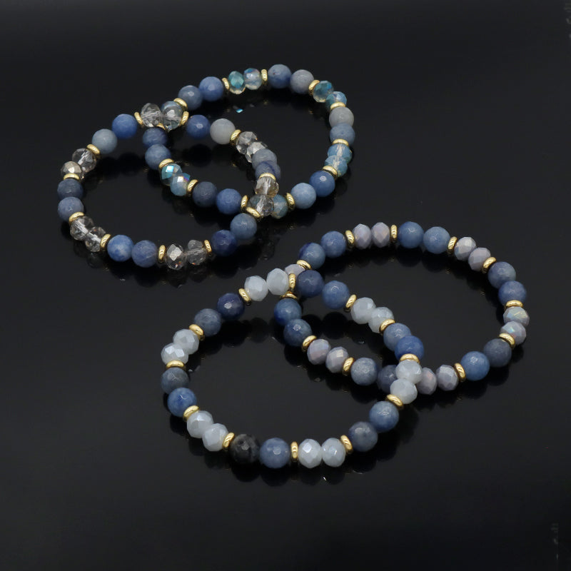 OEM Handmade Custom 8mm Glass Crystal Gold Plated Brass Beads Natural Stone Jewelry Stretch Faceted Blue Aventurine Bracelet