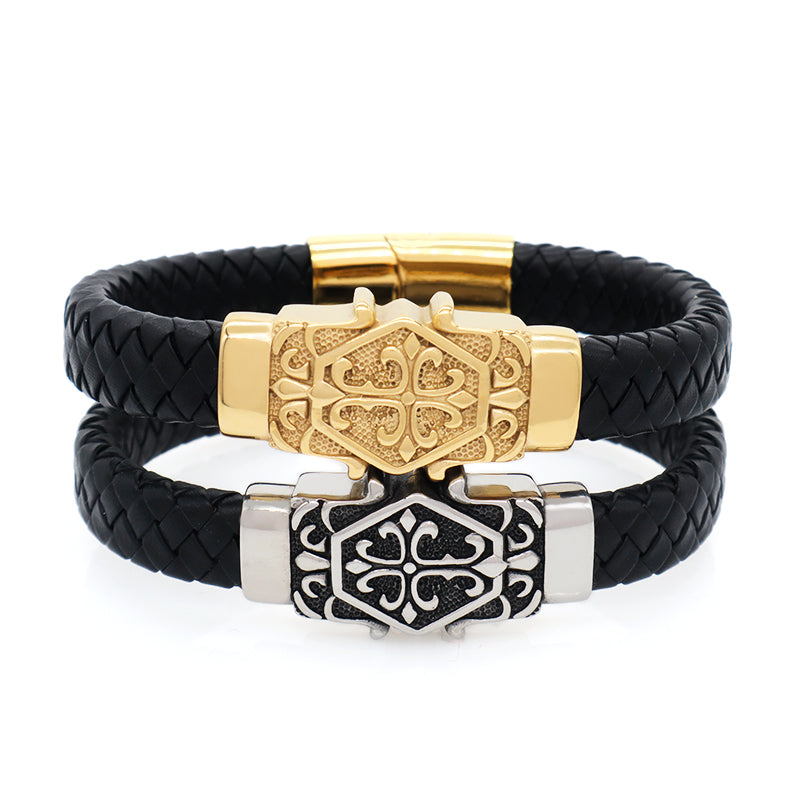 Wholesale New Fashion Custom Black Braided Leather Bracelet Jewelry Gold Plated Stainless Steel Buckle Charm Men Leather Bangle