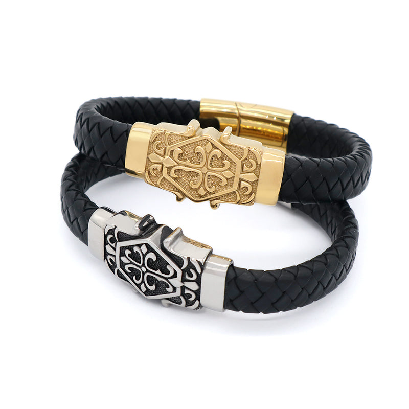 Wholesale New Fashion Custom Black Braided Leather Bracelet Jewelry Gold Plated Stainless Steel Buckle Charm Men Leather Bangle