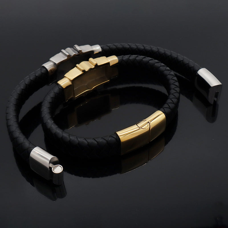 Wholesale New Fashion Custom Black Braided Leather Bracelet Jewelry Gold Plated Stainless Steel Buckle Charm Men Leather Bangle