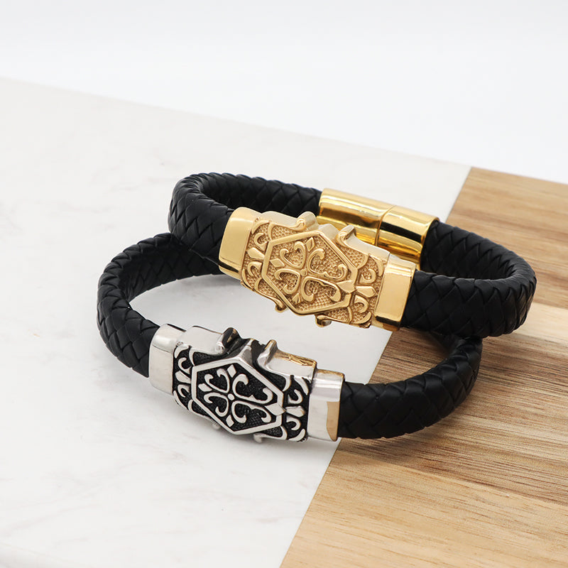 Wholesale New Fashion Custom Black Braided Leather Bracelet Jewelry Gold Plated Stainless Steel Buckle Charm Men Leather Bangle