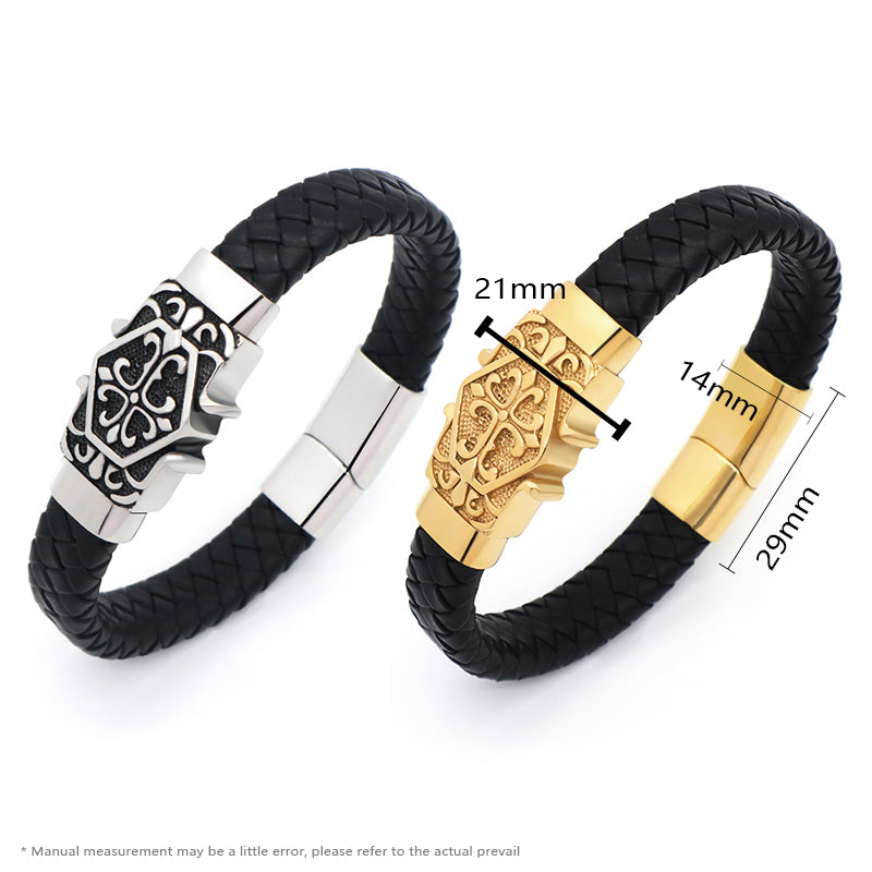 Wholesale New Fashion Custom Black Braided Leather Bracelet Jewelry Gold Plated Stainless Steel Buckle Charm Men Leather Bangle
