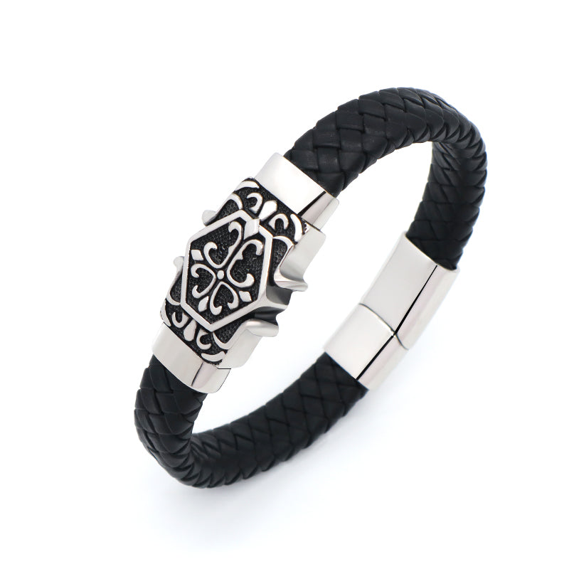 Wholesale New Fashion Custom Black Braided Leather Bracelet Jewelry Gold Plated Stainless Steel Buckle Charm Men Leather Bangle