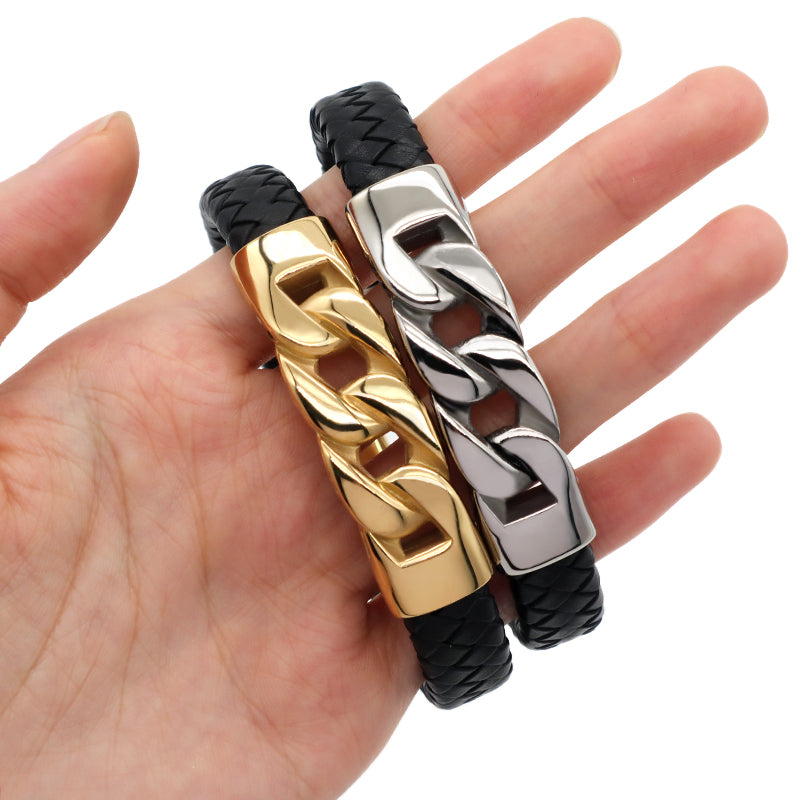New Arrival Wholesale Customized Gold Plated Stainless Steel Charm Buckle Bangle Jewelry Black Braided Leather Men Bracelets