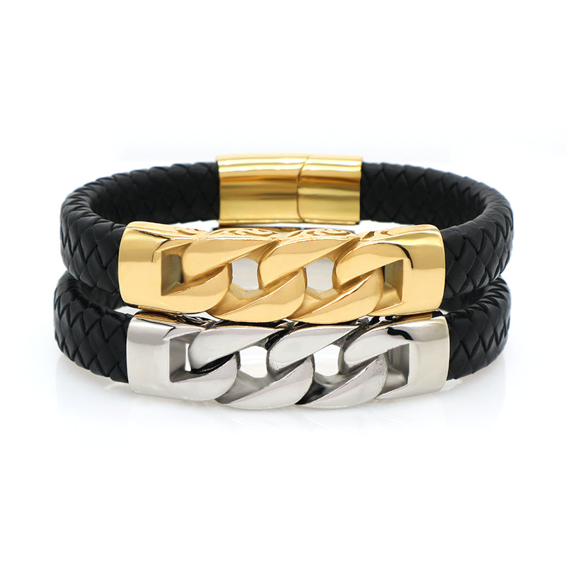 New Arrival Wholesale Customized Gold Plated Stainless Steel Charm Buckle Bangle Jewelry Black Braided Leather Men Bracelets