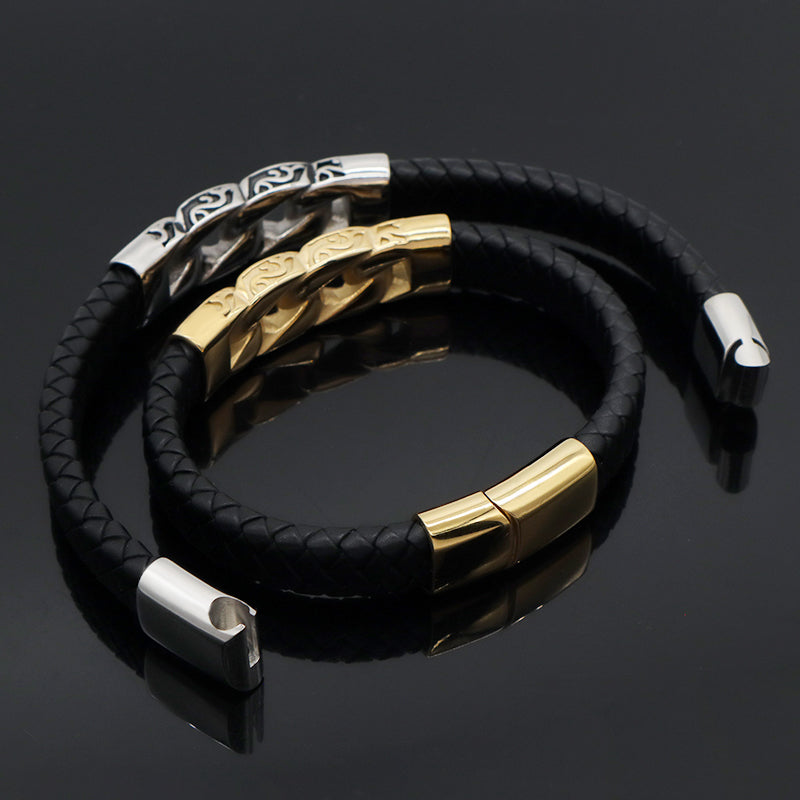 New Arrival Wholesale Customized Gold Plated Stainless Steel Charm Buckle Bangle Jewelry Black Braided Leather Men Bracelets