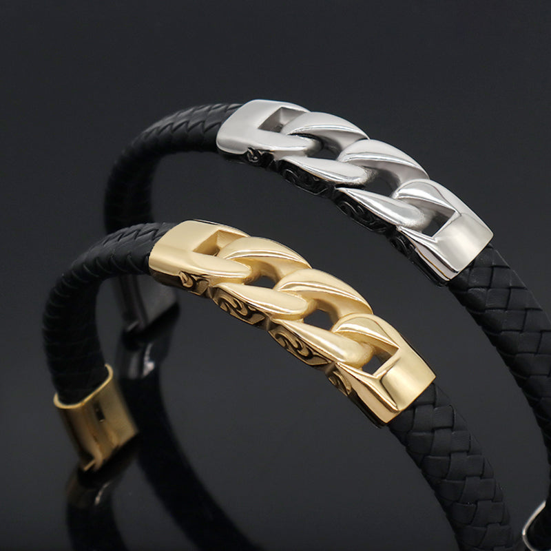 New Arrival Wholesale Customized Gold Plated Stainless Steel Charm Buckle Bangle Jewelry Black Braided Leather Men Bracelets
