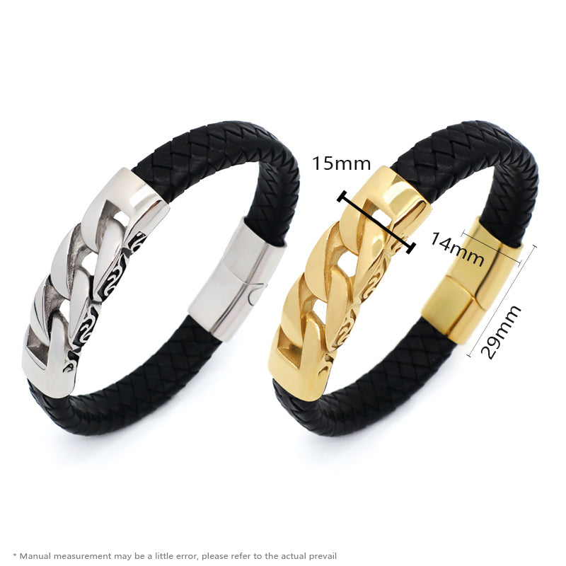 New Arrival Wholesale Customized Gold Plated Stainless Steel Charm Buckle Bangle Jewelry Black Braided Leather Men Bracelets
