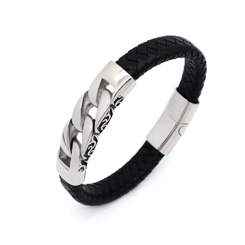 New Arrival Wholesale Customized Gold Plated Stainless Steel Charm Buckle Bangle Jewelry Black Braided Leather Men Bracelets