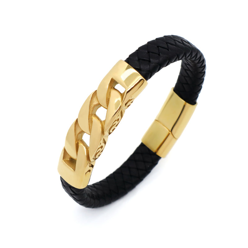New Arrival Wholesale Customized Gold Plated Stainless Steel Charm Buckle Bangle Jewelry Black Braided Leather Men Bracelets