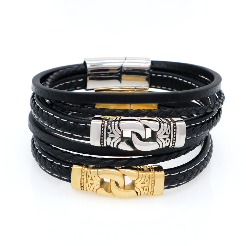 Custom MultiLayer Leather Gold Plated Stainless Steel Buckle Charm Bangle Jewelry Black Braided Leather Rope Bracelet For Men