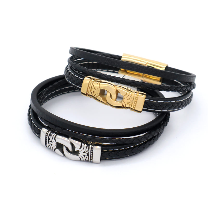 Custom MultiLayer Leather Gold Plated Stainless Steel Buckle Charm Bangle Jewelry Black Braided Leather Rope Bracelet For Men