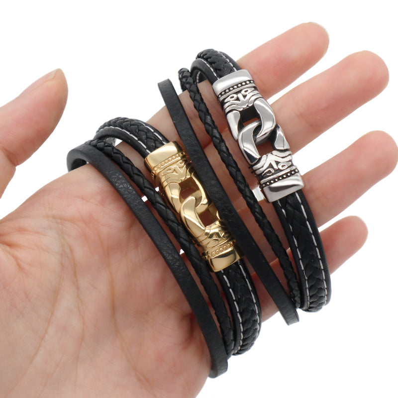 Custom MultiLayer Leather Gold Plated Stainless Steel Buckle Charm Bangle Jewelry Black Braided Leather Rope Bracelet For Men
