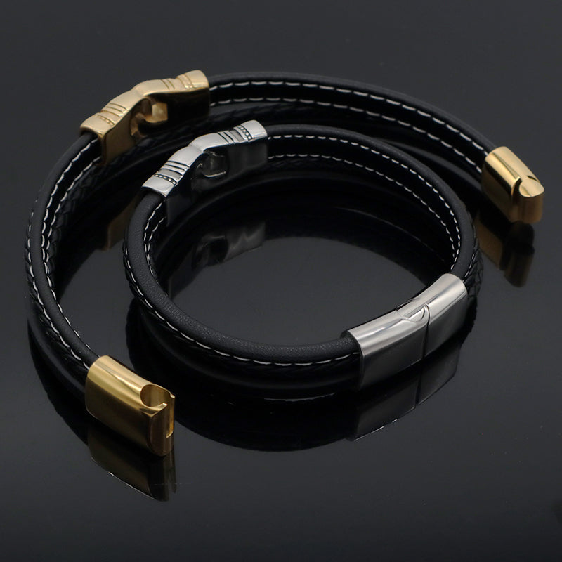 Custom MultiLayer Leather Gold Plated Stainless Steel Buckle Charm Bangle Jewelry Black Braided Leather Rope Bracelet For Men