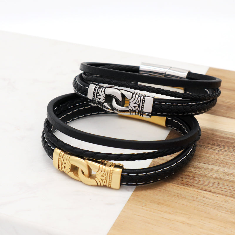 Custom MultiLayer Leather Gold Plated Stainless Steel Buckle Charm Bangle Jewelry Black Braided Leather Rope Bracelet For Men