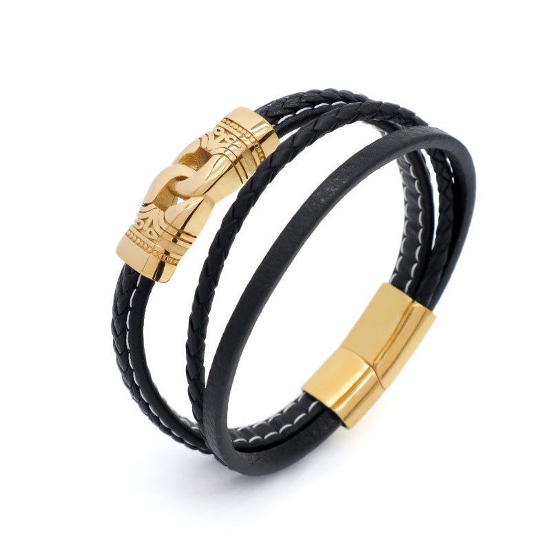 Custom MultiLayer Leather Gold Plated Stainless Steel Buckle Charm Bangle Jewelry Black Braided Leather Rope Bracelet For Men