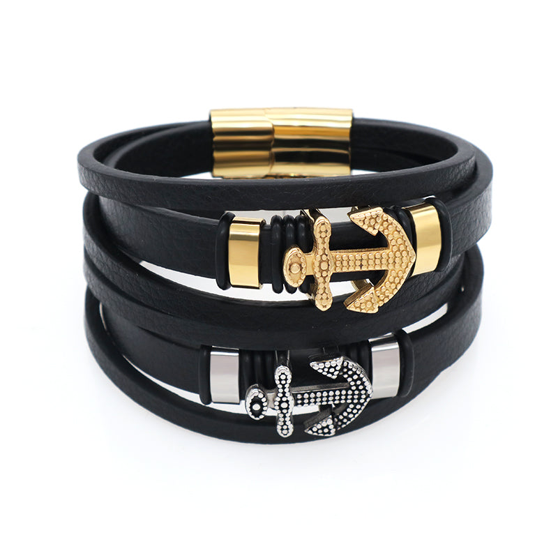 Newest Custom MultiLayer Gold Plated Stainless Steel Clasp Anchor Charm Leather Wrap Bangle Jewelry Men Black Leather Bracelet