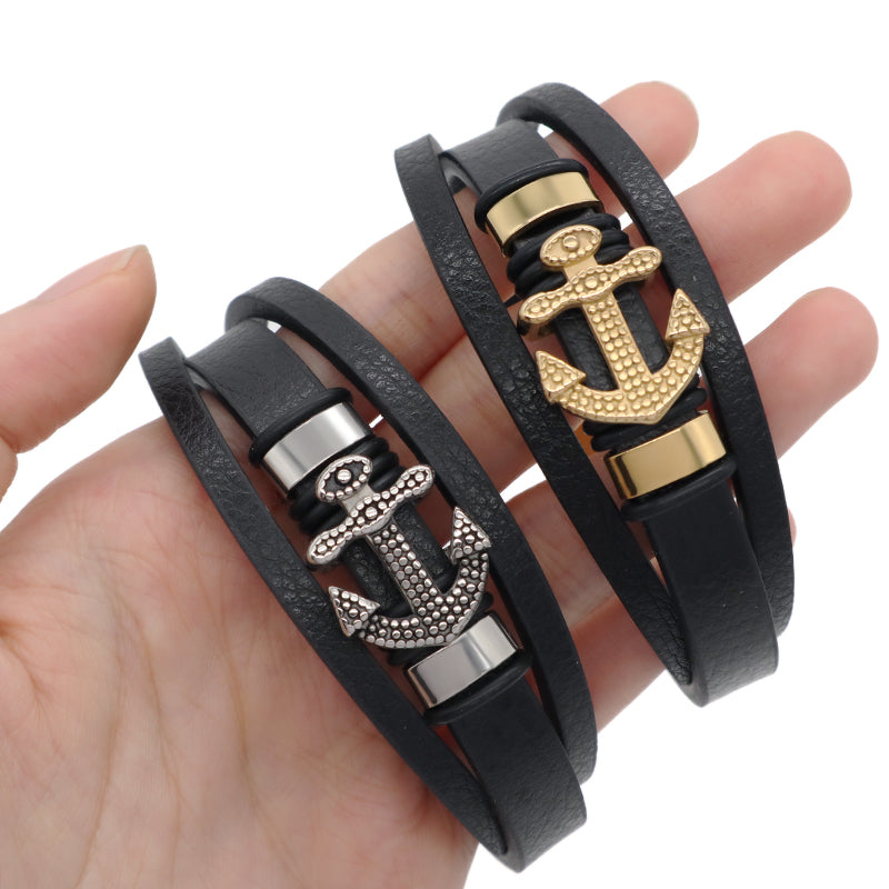 Newest Custom MultiLayer Gold Plated Stainless Steel Clasp Anchor Charm Leather Wrap Bangle Jewelry Men Black Leather Bracelet