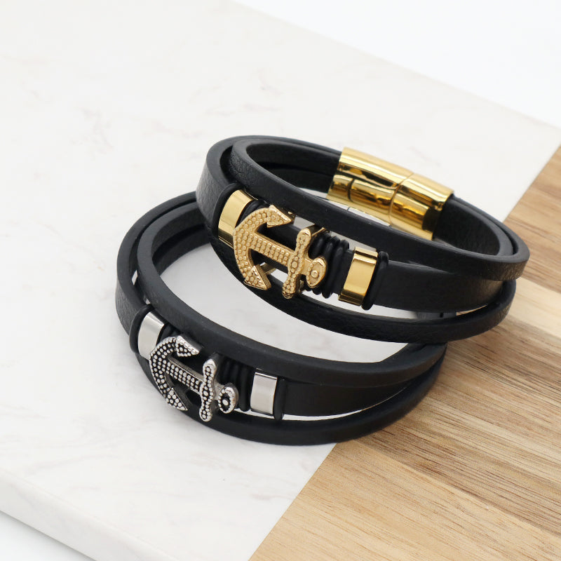 Newest Custom MultiLayer Gold Plated Stainless Steel Clasp Anchor Charm Leather Wrap Bangle Jewelry Men Black Leather Bracelet