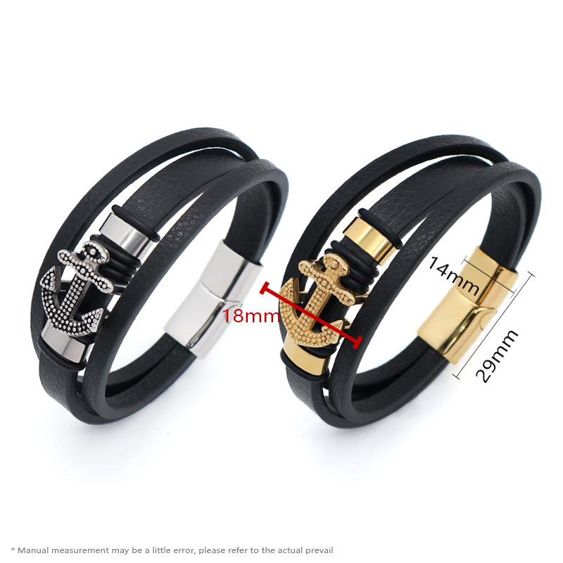 Newest Custom MultiLayer Gold Plated Stainless Steel Clasp Anchor Charm Leather Wrap Bangle Jewelry Men Black Leather Bracelet